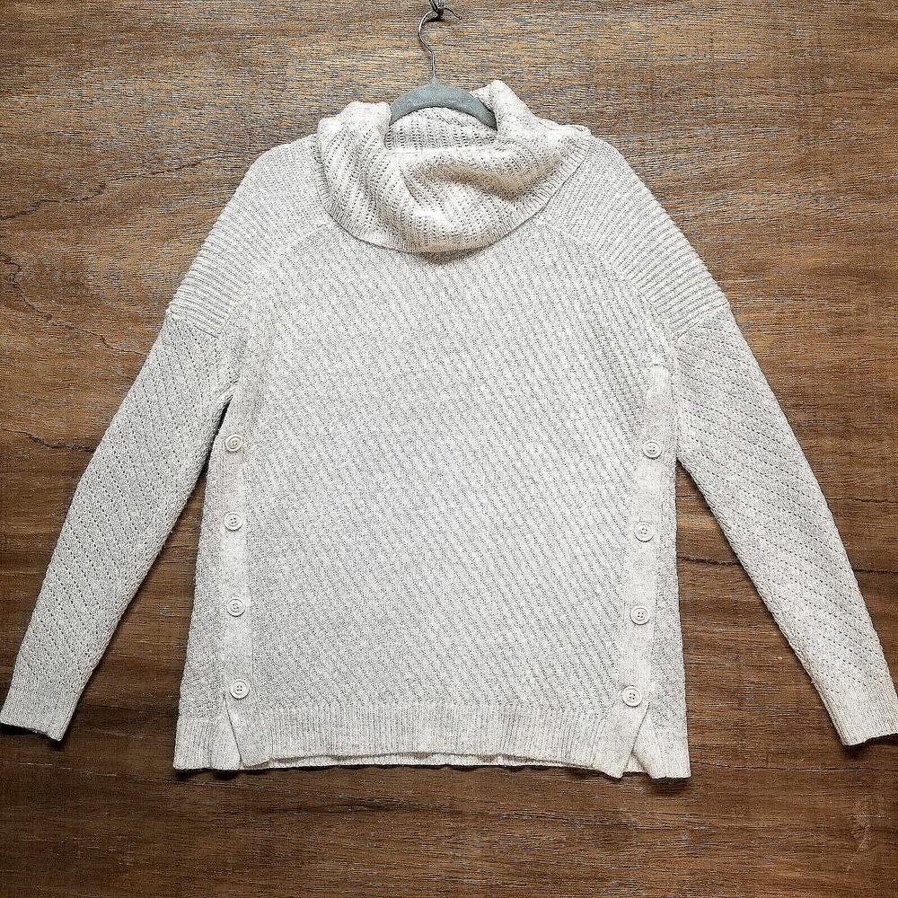St John's Bay Woman's Size S Sweater Off White Gold Threads Buttons Cottagecore
